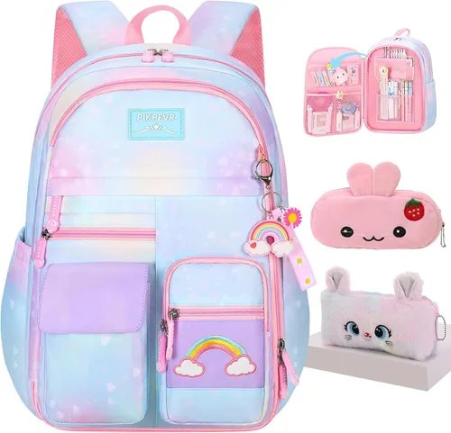 Jcobvig Mochila de arcoíris para niñas y niños, linda mochila escolar para estudiantes con bolsa para bolígrafos, bolsa de viaje para portátil con