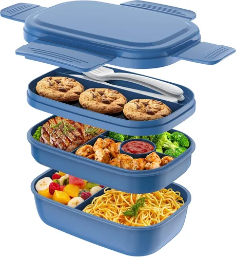Miniatura 11 de HOMETALL - Lonchera bento apilable para niños y adultos, gran capacidad de 1900ml, contenedores de almuerzo a prueba de fugas con juego de cubiertos