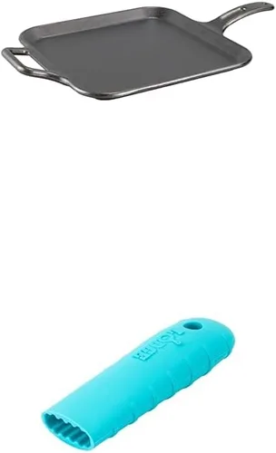 Miniatura 6 de Lodge BOLD Plancha cuadrada de hierro fundido sazonado de 12 pulgadas + soporte de silicona Lodge BOLD para mango caliente, color gris ceniza