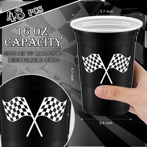 Miniatura 3 de Norme 48 vasos de plástico a cuadros para fiestas de carreras a granel de 16 onzas, desechables con bandera a cuadros, tazas gruesas de color blanco