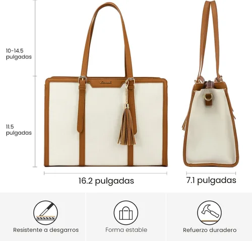 Miniatura 5 de LOVEVOOK Bolsa para laptop para mujer, bolsa de lona ligera de 15.6 pulgadas, bolsa grande para computadora, con bolso de mano, para negocios, Beige