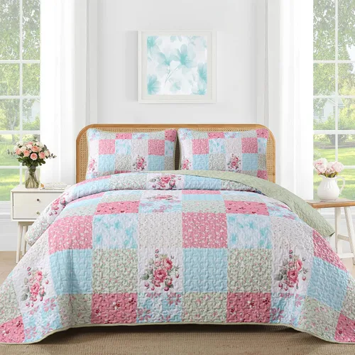 Miniatura 37 de Mybedsoul Juego de edredón bohemio beige tamaño individual, juego de colcha floral a cuadros de 3 piezas, juego de ropa de cama reversible