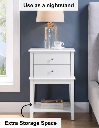 Miniatura 5 de Mesita de noche blanca con 2 cajones de 28 pulgadas de alto, moderna mesa auxiliar grande para sala de estar, mesas auxiliares de cama de madera