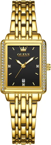 Miniatura 10 de OLEVS Reloj de mujer de oro de acero inoxidable, reloj de cara cuadrada pequeña con decoración de diamantes, reloj de vestir de cuarzo analógico