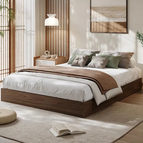GarveeHome - Marco de cama de plataforma de madera tamaño matrimonial, marco de cama de madera sin cabecero, soporte de listones de madera, no