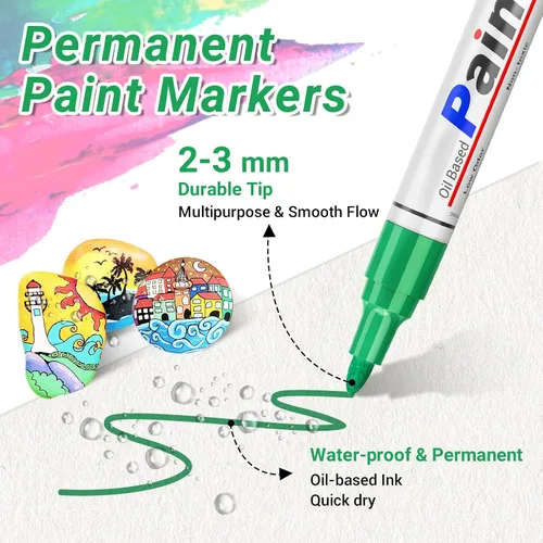 Miniatura 2 de Bolígrafo de pintura a base de aceite, marcador de pintura permanente: secado rápido, impermeable, juego de 12 para pintura de roca, vidrio, tela