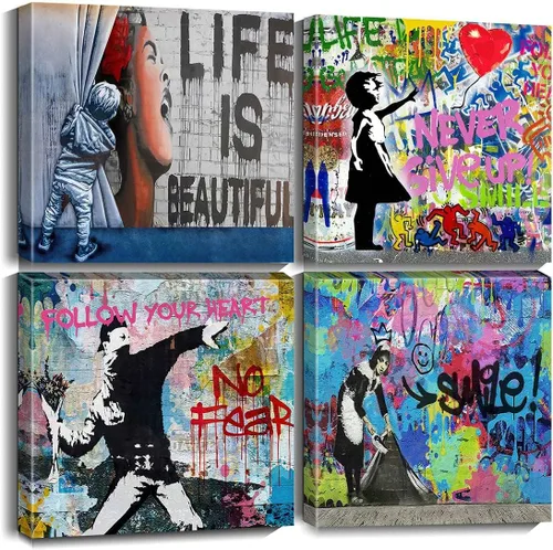 Biufo Banksy Impresiones de Arte en Lienzo para Pared Arte Callejero Pop Cuadros Pinturas para Sala de Estar Dormitorio Decoración de Pared Blanco