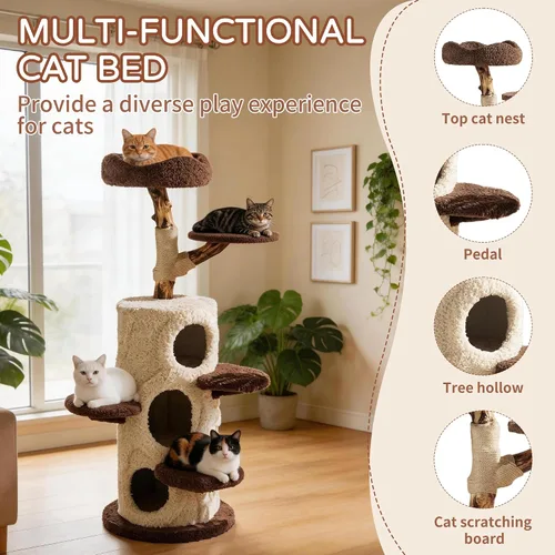 Miniatura 5 de RPZ Árbol para gatos de madera maciza de lujo de 54.7 pulgadas para gatos pequeños a medianos, poste rascador de madera natural con rama real