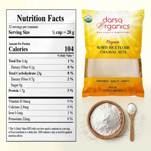 Miniatura 2 de Darsa Organics Harina de arroz blanco – Orgánica premium, certificado por USDA, sin OMG, harina de arroz en polvo sin gluten para hornear y cocinar