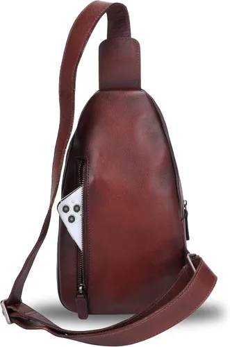 Miniatura 3 de IVTG Bolso bandolera de cuero genuino para mujeres y hombres, bolso cruzado de cuero, bolso de hombro para el pecho, mochila, Café, Mochilas Sling