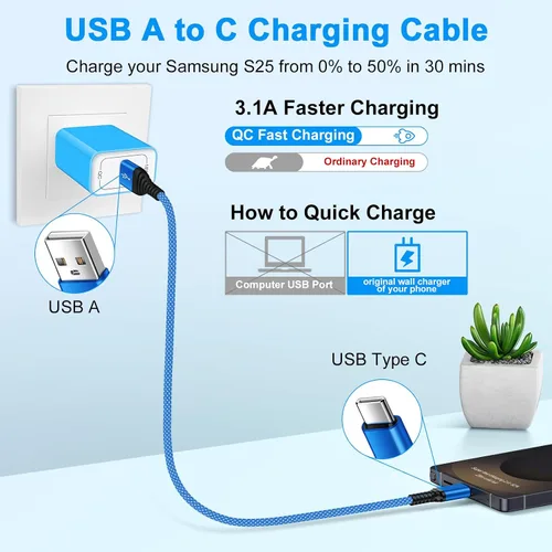 Miniatura 2 de Cable de carga rápida para Samsung Galaxy S26 Ultra A17 Z Fold7 Z Flip7 FE S25 Edge S25 S25+ A36 A16 5G S24, cable de carga Android de 6 pies tipo