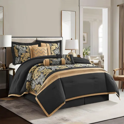 Stratford Park Juego de ropa de cama de 7 piezas con diseño de hojas, color negro, tamaño Queen, diseño jacquard, para todas las estaciones, falda