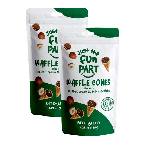 Just The Fun Part | Mini conos de gofre crujiente de tamaño bocado | Rellenos con chocolate belga premium | Excelentes para bocadillos, postres,