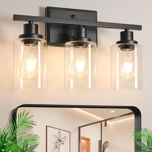 Ascher Lámparas de Vanidad de Baño, 3 Apliques de Pared de Luz con Pantalla de Vidrio Transparente, Luces de Pared Negras para Espejo, Cocina, Sala