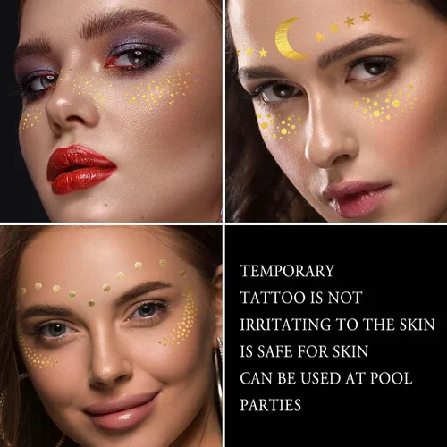 Miniatura 6 de 3 hojas de tatuajes faciales temporales metálicos dorados, pecas sintéticas, calcomanías de maquillaje, impermeables, brillantes, arte corporal