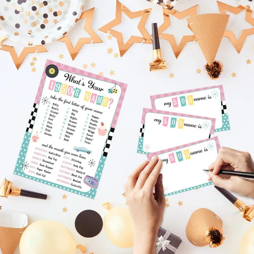 Miniatura 4 de ¿Cuál es tu nombre de los años 50 Juego, 1 señal de doble cara y 30 tarjetas adhesivas, Juegos de fiesta de cumpleaños retro para niños y adultos