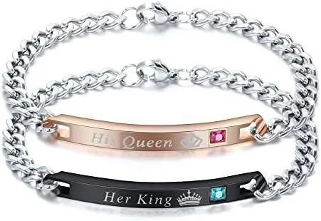 Miniatura 6 de MYNENEY Regalo para amante, su reina y su rey, pulseras de acero inoxidable para parejas, para mujeres y hombres, juego de joyas a juego