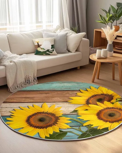 Miniatura 5 de Alfombra redonda de girasol verde azulado de 3 pies, lavable para interiores y exteriores, para dormitorio, cocina, baño, sala de estar, casa