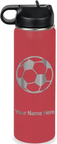 Miniatura 11 de LaserGram Botella de agua personalizada, pelota de fútbol, acero inoxidable de doble pared aislada al vacío con popote superior, regalo grabado