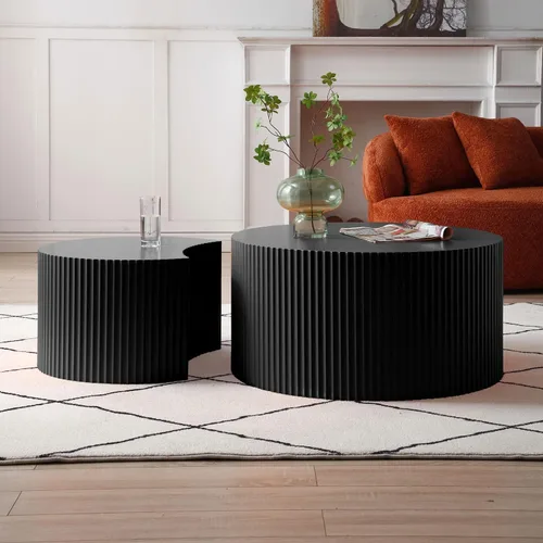 Juego de 2 mesas de centro redondas negras de 55.12 pulgadas, mesa lateral moderna para sala de estar, diseño contemporáneo de círculo de madera en