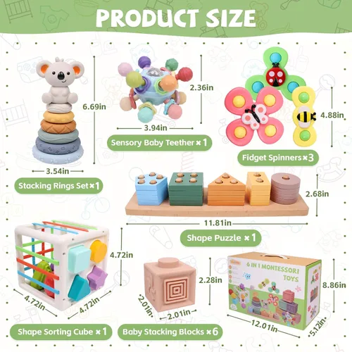 Miniatura 6 de YHHYTOY Juguetes Montessori 6 en 1 para bebés de 0-6 6-12 meses, juguetes de dentición para bebés, bloques apilables suaves, anillos clasificadores
