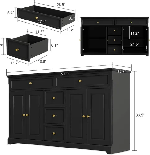Miniatura 2 de AIEGLE Aparador de cocina negro con 4 puertas y 5 cajones, armario de almacenamiento grande de 59.1 pulgadas de ancho, consola de mesa, armario