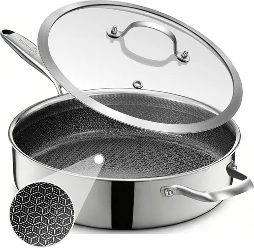 Miniatura 7 de LOLYKITCH Sartén Salteadora Híbrida Antiadherente Tri-Capa de Acero Inoxidable de 6 Cuartos con Tapa, Sartén para Freír Profunda de 12 Pulgadas