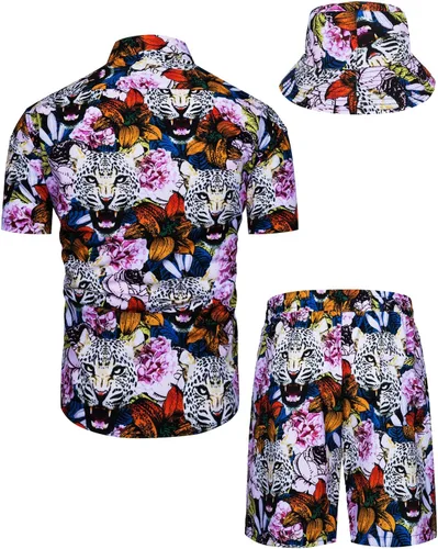 Miniatura 37 de TUNEVUSE Conjunto de camisas y pantalones cortos hawaianos para hombre, 2 piezas, trajes de playa con estampado de flores, traje tropical de verano