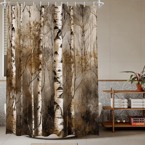 Miniatura 14 de TheBlackSpot Juego de cortinas de ducha de bosque rústico de granja, diseño botánico abstracto, abedul, naturaleza, juego de cortinas de baño