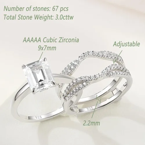Miniatura 6 de Wuziwen Anillo de novia realzador de 2 quilates para anillos de compromiso para mujer, diseño de corazón de princesa, esmeralda ovalada, plata