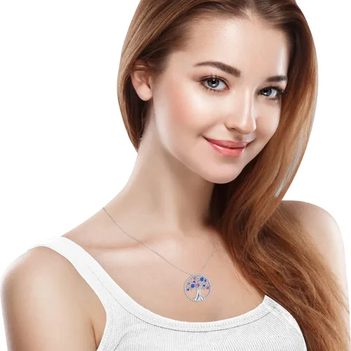Miniatura 5 de Collar del árbol de la vida para ella, piedras natales de septiembre y octubre, zafiro azul, rosa, turmalina, joyería para mujer, joyería fina