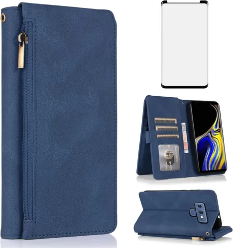 Asuwish Compatible con Samsung Galaxy Note 9 - Funda tipo cartera de vidrio templado, protector de pantalla y cremallera de cuero retro, soporte
