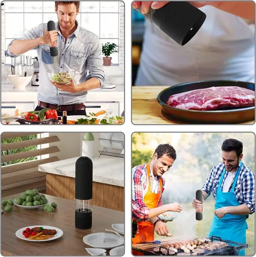 Miniatura 7 de T-mark Juego de molinillo eléctrico de sal y pimienta, funciona con pilas, molinillo automático de sal y pimienta con una sola mano con luces LED