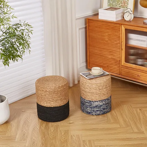 Miniatura 7 de Wimarsbon Taburete Natural de Sereno Marino, Otomana Redonda Tejida a Mano, para Sala de Estar, Asiento para Exterior (Natural y Azul)