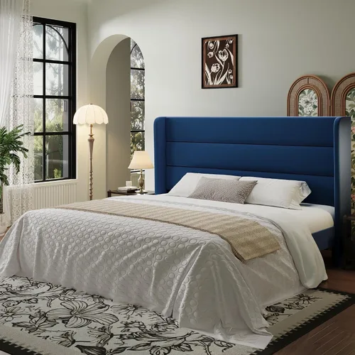 Miniatura 14 de SHA CERLIN - Base de cama tamaño Full con cabecera tapizada en terciopelo y diseño acanalado vertical; plataforma de cama tapizada con listones