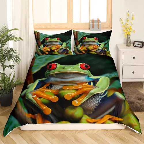 Erosebridal Juego de funda de edredón de rana 3D, tamaño individual, juego de ropa de cama de rana de árbol de ojos rojos, funda de edredón de