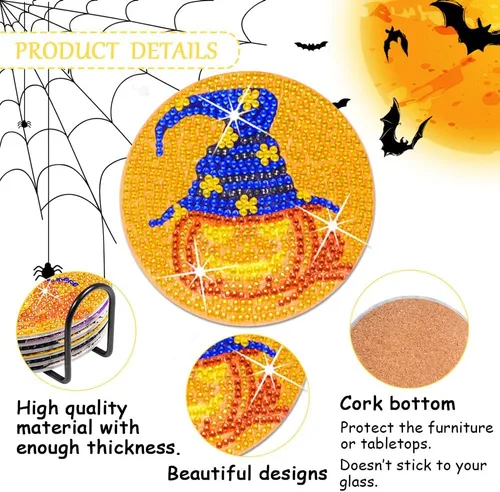 Miniatura 3 de Praise V Do Juego de 6 posavasos de pintura de diamante con soporte de base de corcho, posavasos de calabaza de Halloween, kit de pintura