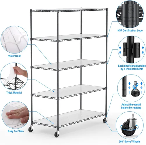 Miniatura 4 de Estantería de alambre de metal NSF de 5 niveles, capacidad de 6000 libras, estante de almacenamiento ajustable resistente con ruedas y Negro