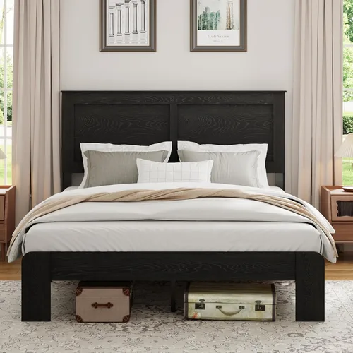 Miniatura 4 de Base de cama completa de madera con cabecera, base de cama de plataforma rústica de granja con soporte de 12 listones de madera, no necesita somier
