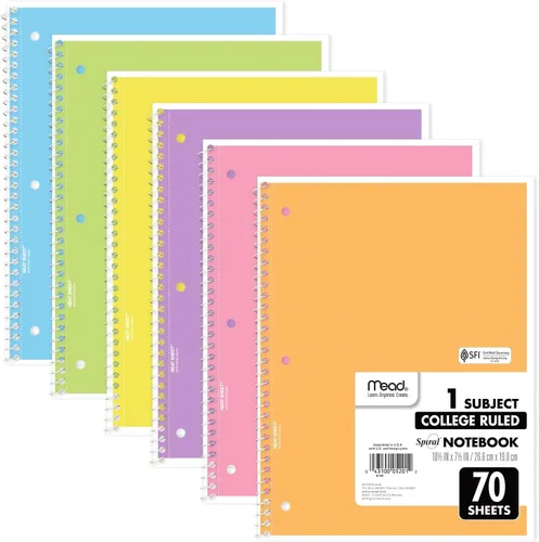 Miniatura 7 de Mead Cuaderno de espiral, paquete de 6, 1 materia, papel rayado universitario, 7-1/2 x 10-1/2 pulgadas, 70 hojas por cuaderno, colores brillantes