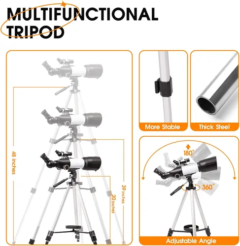 Miniatura 4 de Telescopio de 2.756 in de apertura 15.748 in refractor astronómico telescopio portátil para niños adultos principiantes con trípode adaptador