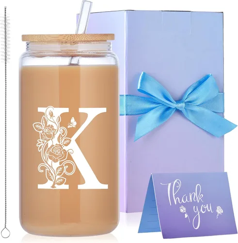 Miniatura 16 de Vasos de vidrio con iniciales con tapas y pajitas, regalos con monograma para mujeres, vaso de vidrio de cerveza de 16 onzas, taza de café helado