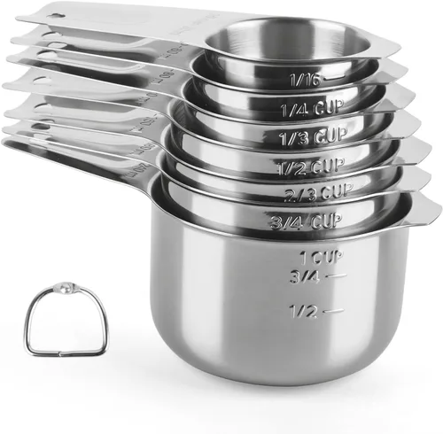 Miniatura 7 de 7 tazas medidoras doradas de acero inoxidable, tazas medidoras de metal anidables con marcas y anillo, juego de cucharas medidoras apilables