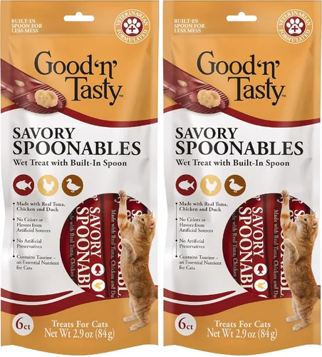 Miniatura 20 de Good 'n' Tasty Cucharas sabrosas con pato real, carne de res y conejo, tubo de 6 unidades, golosinas húmedas exprimibles de triple sabor para gatos