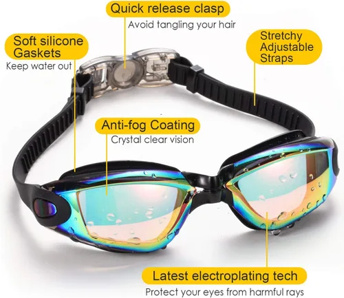 Miniatura 2 de Gafas de natación, paquete de 2 gafas de natación para adultos, hombres, mujeres, jóvenes, niños Negro/Azul (espejado)