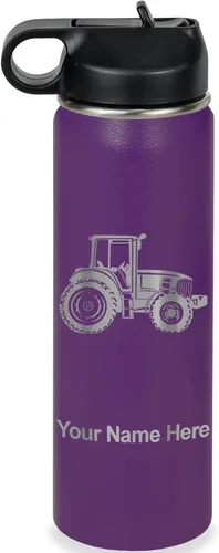 Miniatura 65 de LaserGram Botella de agua personalizada, tractor agrícola, acero inoxidable de doble pared aislada al vacío con popote superior, regalo grabado