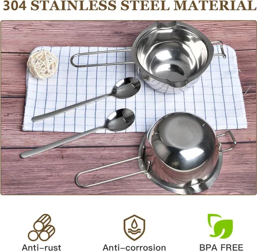 Miniatura 6 de Olla doble de acero inoxidable de 2 piezas con 2 cucharas de metal, olla de fusión de chocolate para derretir chocolate, mantequilla, queso, velas