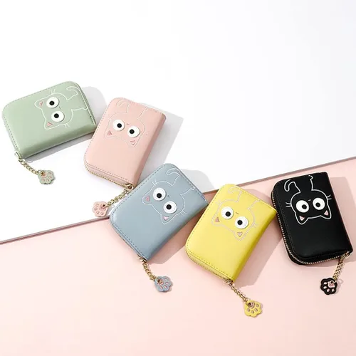 Miniatura 8 de Sunwel Fashion Lindo portatarjetas con diseño de gato pequeño - Estuche para tarjetas con cremallera de acordeón, bolsillos para efectivo, monedero