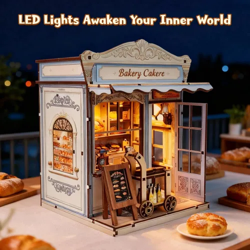 Miniatura 3 de Kit de construcción de casa en miniatura DIY, kit de rincón de lectura de panadería, rompecabezas de madera en 3D para estanterías, kit de casa