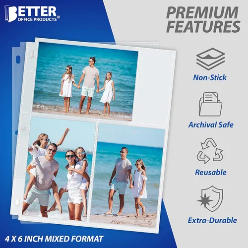Miniatura 6 de Better Office Products Hojas de repuesto para álbum de fotos, formato mixto de 4 x 6 pulgadas, peso pesado, 3 anillos transparentes de diamante, 600